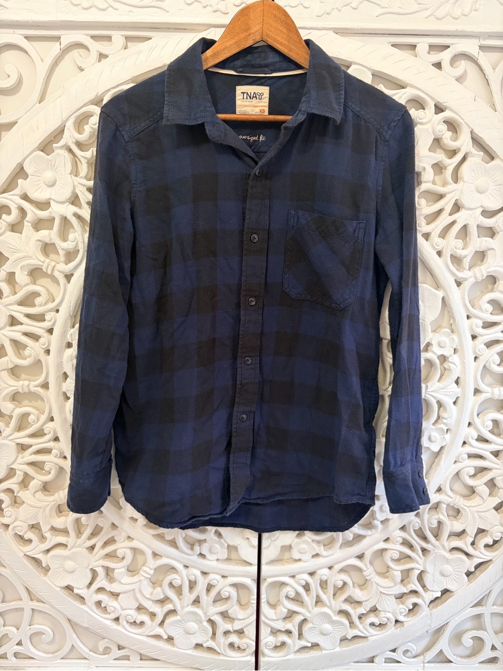 TNA Oversized Buffalo Plaid Flannel Shirt Navy Black XS